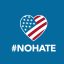Hate Has No Home Here icon, with blue background, heart shape filled with a "stars and stripes" American flag design, and the hashtag #NOHATE