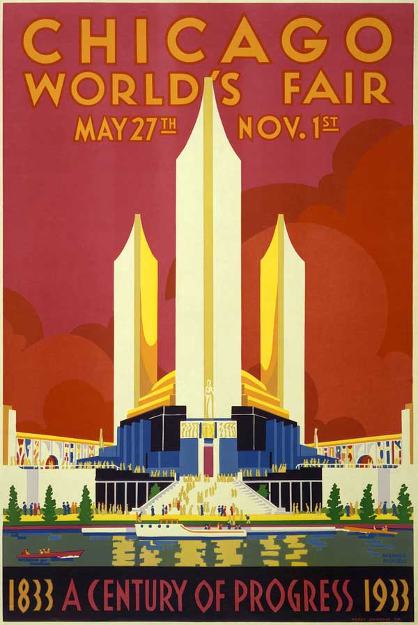 A 1933 Century of Progress World's Fair poster. It was later decided to continue the fair into 1934. This poster features the United States federal building and Hall of States.