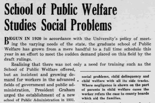School of Public Welfare Studies Social Problems. Daily Tar Heel newspaper clipping from 1942.