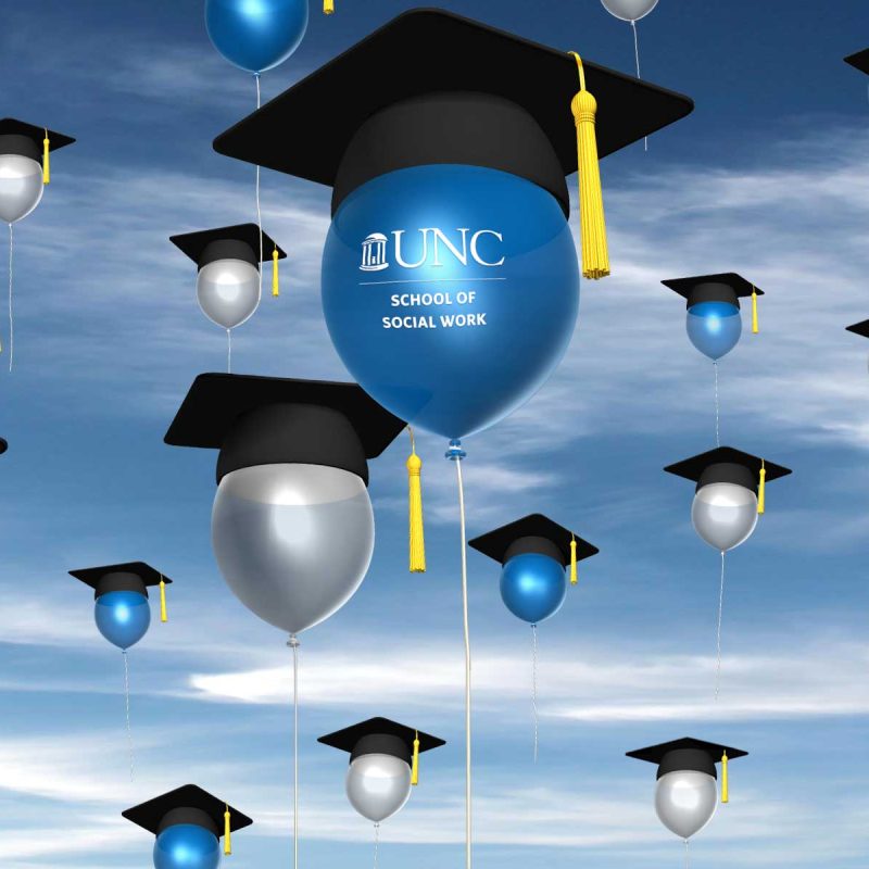 Graphic image of blue and white balloons topped with graduation caps floating in the air