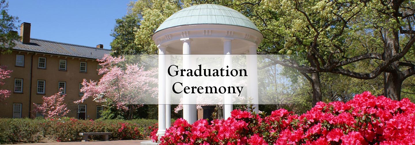 Spring image of UNC-Chapel Hill's Old Well with the text graduation ceremony written across