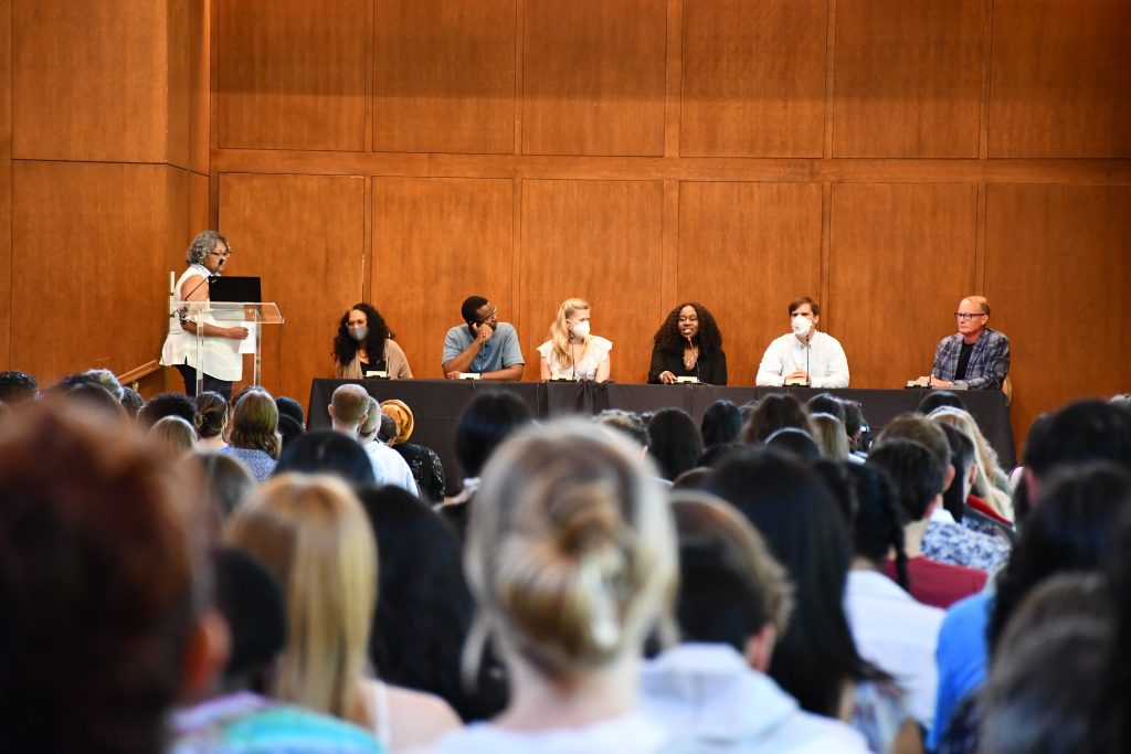 Trenette Goings, center, speaks during a panel discussion at UNC.