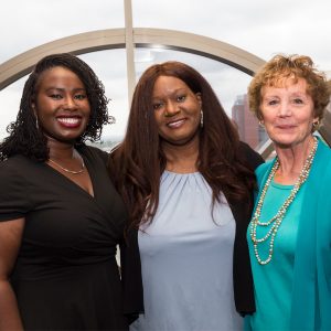 UNC School of Social Work Dean Ramona Denby-Brinson (middle) poses with Distinguished Alumni Award Winners Charity Watkins (left) and Karen Randolph (right) during the awards reception at the School of Social Work on May 13. 