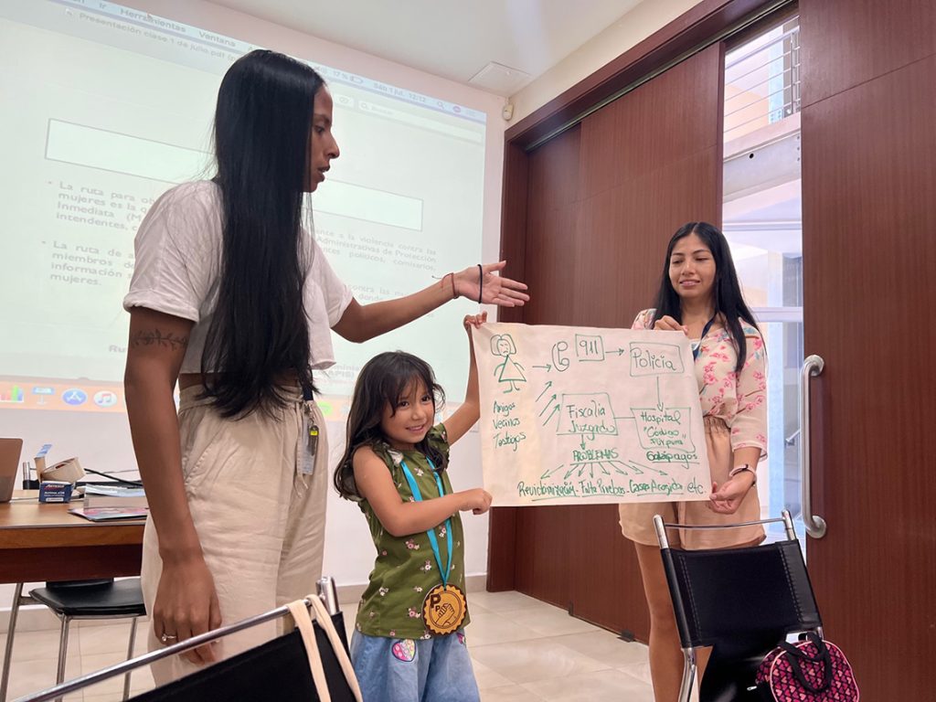 Certification students in the social work certification program present the road map for reporting an incident involving gender-based violence in the province of Galapagos.
