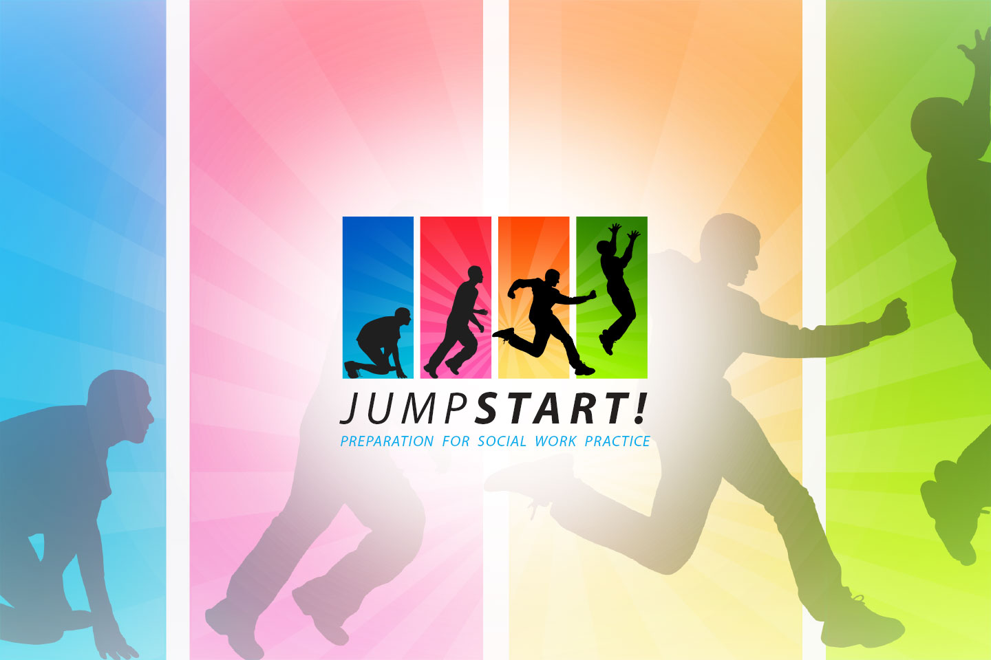 Logo for JumpStart showing 4 frames of a person jumping into action and the phrase, "preparation for social work practice."