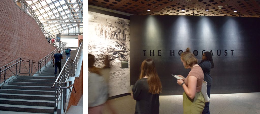 Students and others explore the lobby and enter the first exhibit at the United States Holocaust Memorial Museum
